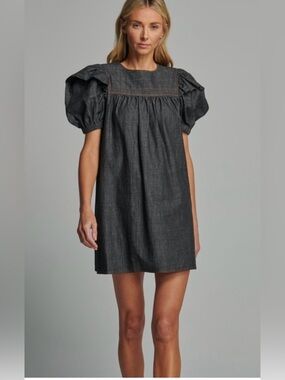 We Are Sundays Hensley Black Chambray Puff Sleeve Mini Dress Sz L